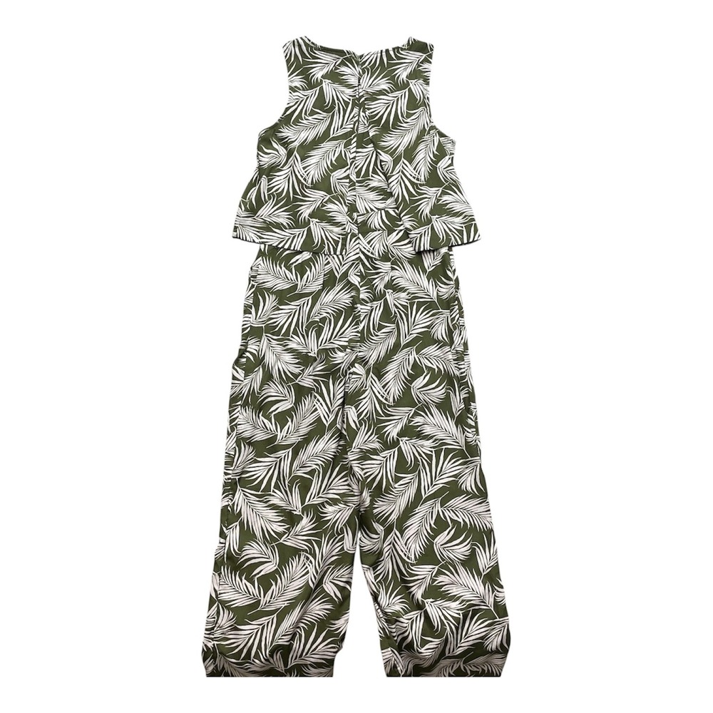 Lands End Women Jumpsuit Polyester 4 Tropical Palm Leaf Olive Green Wide Leg